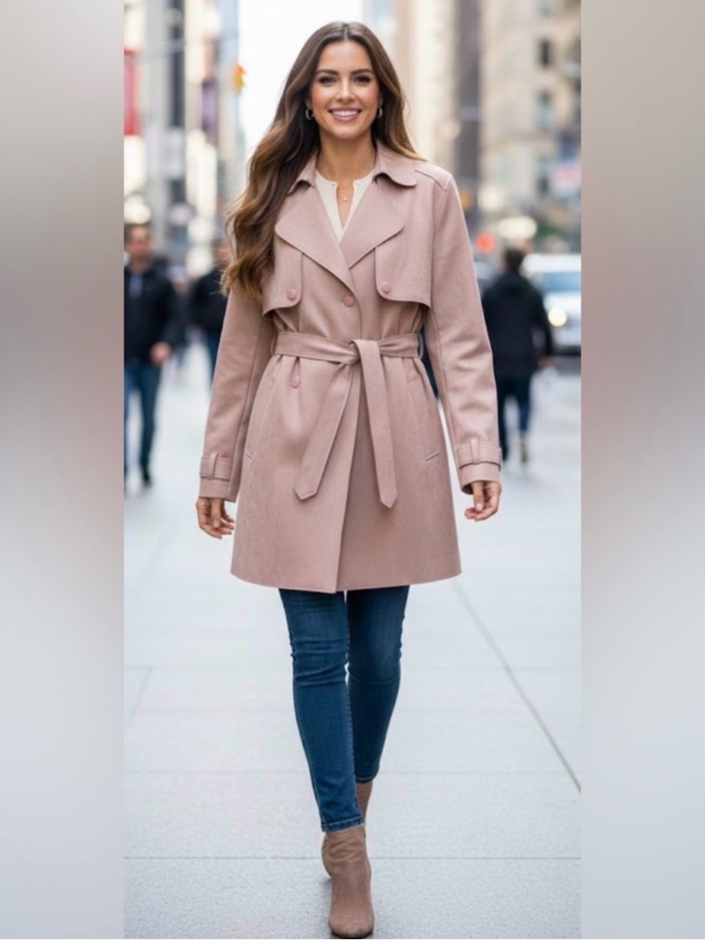 Haute Monde Womens Blush Suede Trench Coat with Belt
